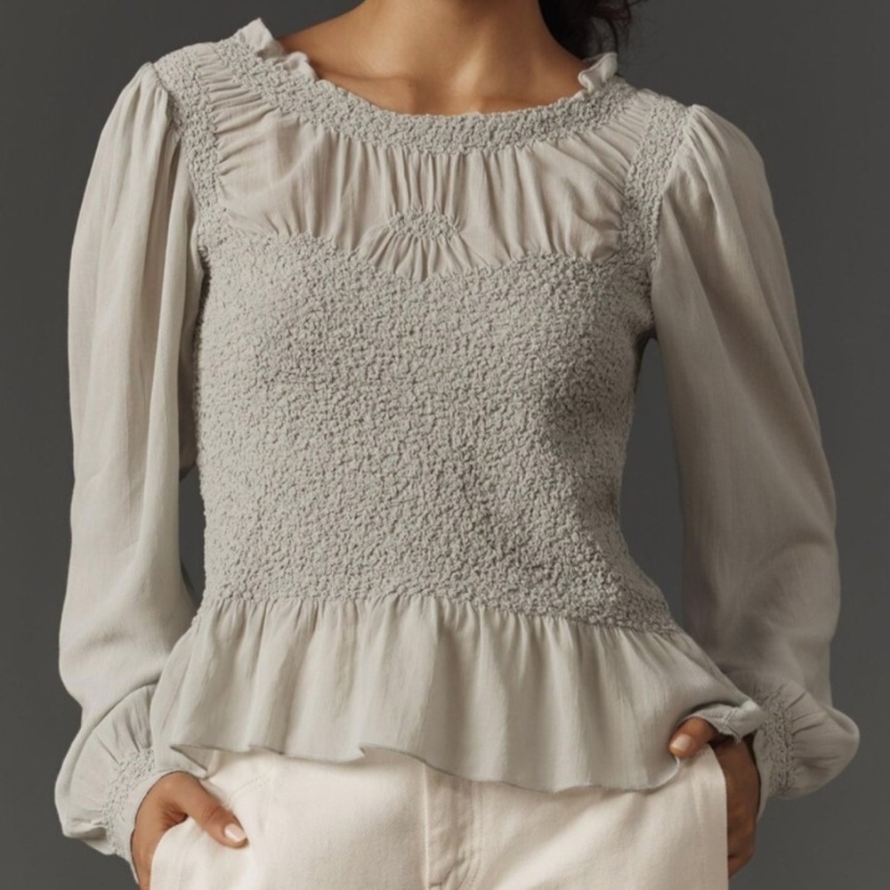 By Anthropologie Balloon-Sleeve Smocked Peplum Blouse Top Ruched Gray